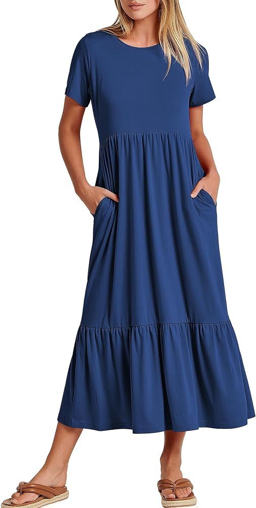 ANRABESS Women Summer Casual Short Sleeve Crewneck Aline Swing Flowy Tiered Shirt Maxi Beach Long... | Amazon (US)