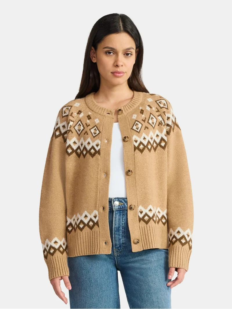 Time and Tru Women's Fair Isle Cardigan Sweater, Midweight, Size XS-XXXL | Walmart (US)