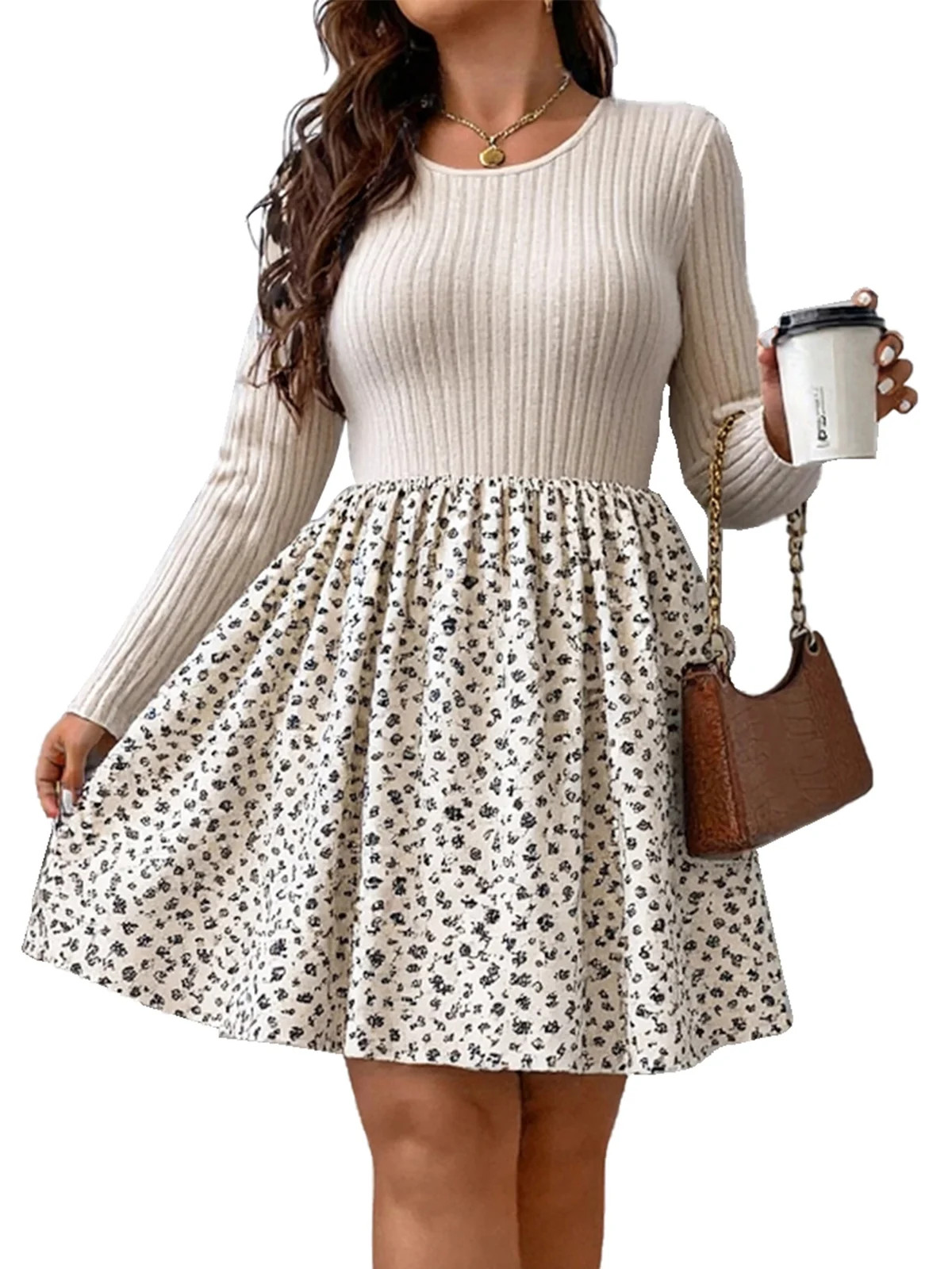 Cuteduck Women Plus Size Casual Ribbed Dress Fall Long Sleeve Round-neck Printed Loose Flowy Midi... | Walmart (US)