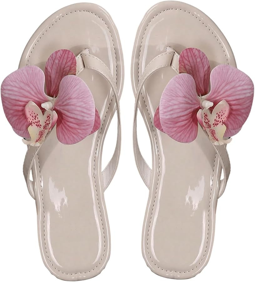 Verdusa Women's 3D Floral Slip on Flip Flops Holiday Beach Leather Flat Sandals | Amazon (US)