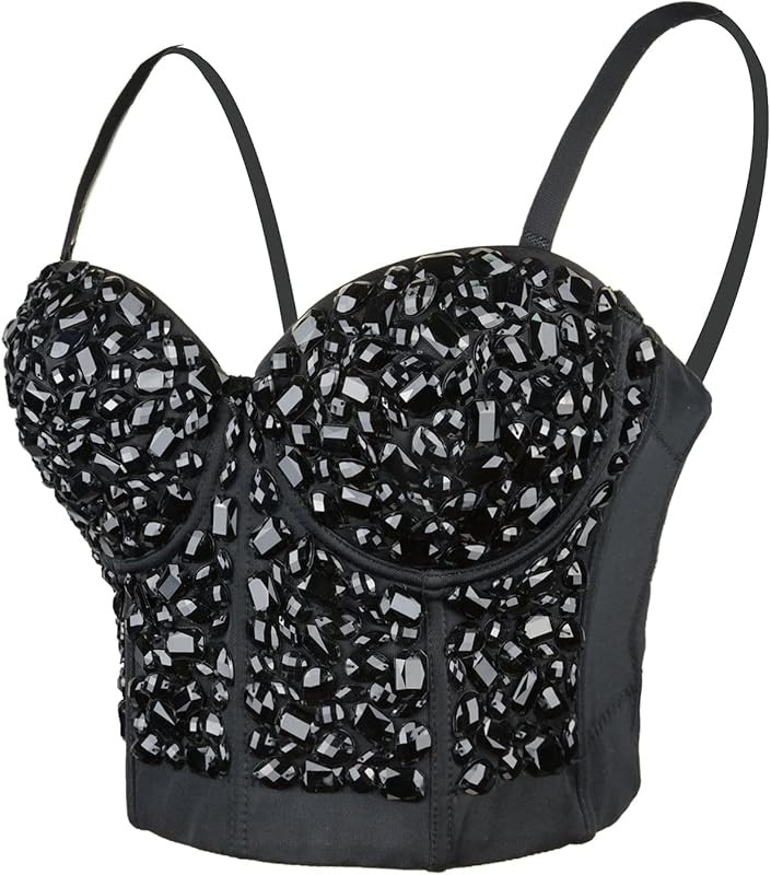 ELLACCI Women's Sexy Rhinestone Punk Bustier Crop Top Push Up Corset Bra Black | Amazon (US)