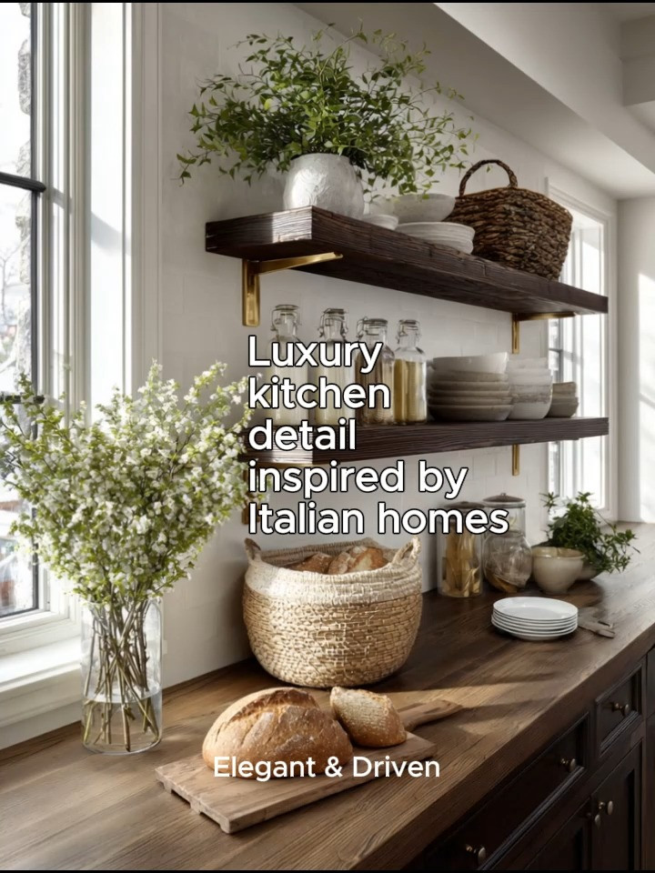 Luxury kitchens are rarely built through one dramatic feature.

They are usually created through small, intentional details layered together beautifully.

The shelving.
The textures.
The lighting.
The warmth of the wood.
The aged brass.
The natural materials.
The balance between elegance and functionality.

And honestly, that is exactly why European-inspired kitchens feel so timeless.

In many Italian and old-world interiors, the beauty is not just in the architecture itself.
It is in the details surrounding it.

Brass brackets beneath dark wood shelving instantly create:
warmth,
contrast,
depth,
and character.

Instead of feeling flat or overly modern, the kitchen begins to feel layered, collected, and lived in.

That is the difference between spaces that simply look decorated…
and spaces that feel rich with atmosphere.

Open shelving works beautifully when the hardware itself becomes part of the design story.

The combination of:
dark wood,
aged brass,
stone textures,
soft natural light,
and organic styling
creates a kitchen that feels elevated without trying too hard.

And honestly, this is one of the reasons European-inspired interiors continue to influence luxury home design so heavily.

They prioritize:
warmth over perfection,
texture over trends,
and timelessness over excess.

The most elegant kitchens are usually not overcrowded with decor.

They simply combine beautiful materials in a thoughtful way.

This is the kind of detail that quietly changes an entire kitchen.

Live with elegance. Lead with drive.

#LuxuryKitchen #KitchenDesign #InteriorDesign #HomeDecor #ItalianInspired #LuxuryInteriors #KitchenStyling #QuietLuxury #InteriorStyling #EuropeanInteriors #ElegantHome #DarkWoodKitchen #OpenShelving #ModernLuxury #ElegantAndDriven 

 #LTKHome