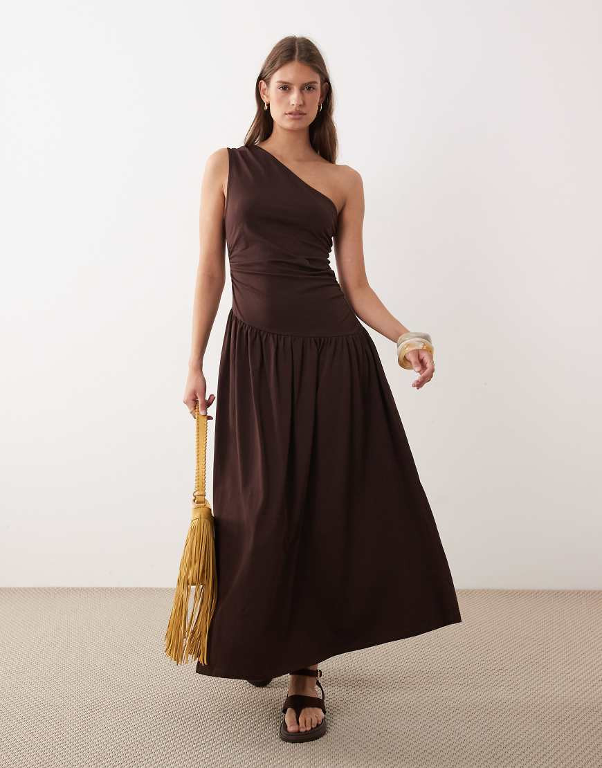 ASOS DESIGN ruched one shoulder dropped waist maxi dress in chocolate-Brown | ASOS (Global)