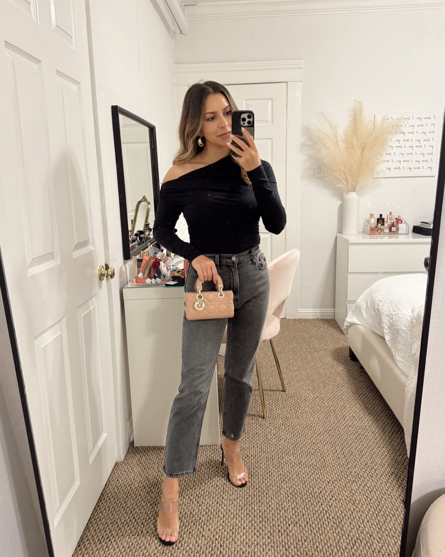 Last weeks date night outfit! I love a good bodysuit and this off the shoulder one is perfect to dress up or down. I paired it with some gray jeans, but would be equally cute with a skirt or blue jeans and sneakers for a day time look. 

Abercrombie bodysuit- small
Abercrombie jeans- 25 short
Schutz heels
Revolve gold earrings
Dior lady d joy bag

Petite, date night outfit, gray jeans, Abercrombie outfit, winter outfits

#LTKfindsunder100 #LTKstyletip #LTKsalealert