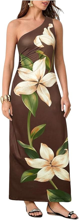 OYOANGLE Women's Floral Sleeveless One Shoulder Bodycon Maxi Dress Elegant Party Wedding Guest Dr... | Amazon (US)
