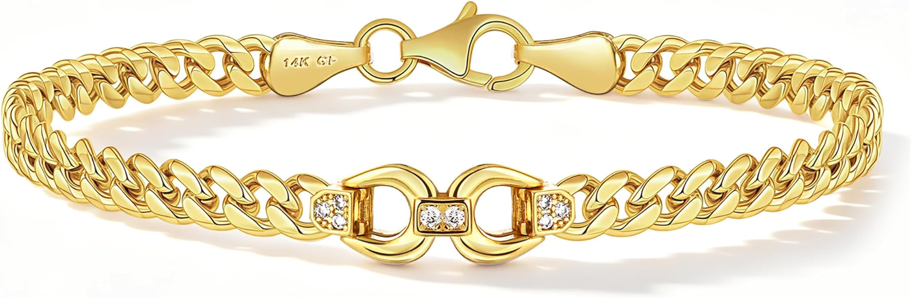 YOIHUR 4mm Cuban Link Bracelet for Women, 14K Gold Hypoallergenic Double Horseshoe Charm Women's ... | Amazon (US)