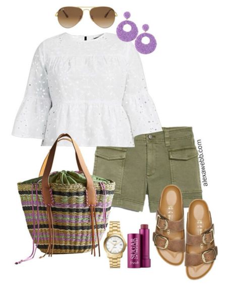 Plus Size Eyelet Top Outfits - A plus size summer outfit idea with an eyelet top, green shorts, statement lavender earrings, and Birkenstock sandals by Alexa Webb.

#LTKPlusSize #LTKSeasonal #LTKStyleTip