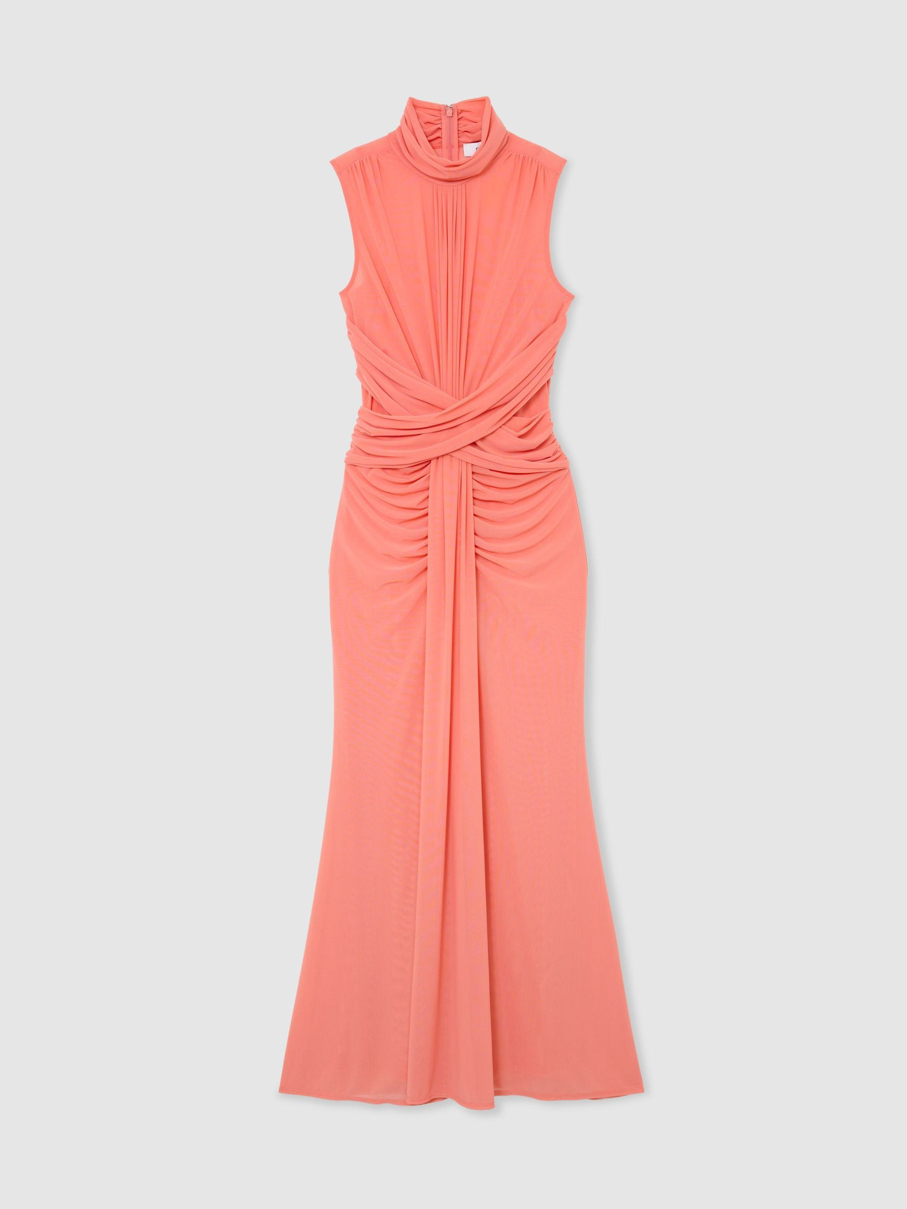 Reiss Sheer Ruched Sleeveless Maxi Dress in Orange - REISS | Reiss UK