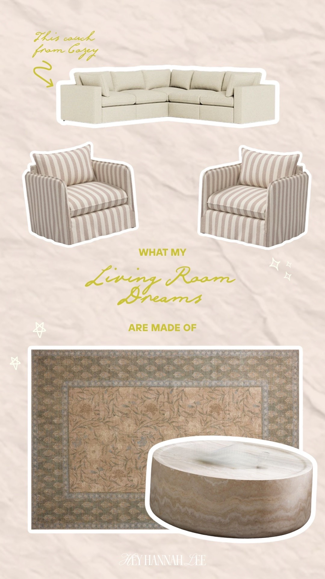 What my living room dreams are made of! ✨ This is the next space in my home I’ve been thinking about giving a makeover to! Love this couch from Cozey, target accent chairs, and area rug 😍 

home decor, loloi rug, amazon coffee table, accent chairs, cozey sectional, living room makeover 

#LTKHome