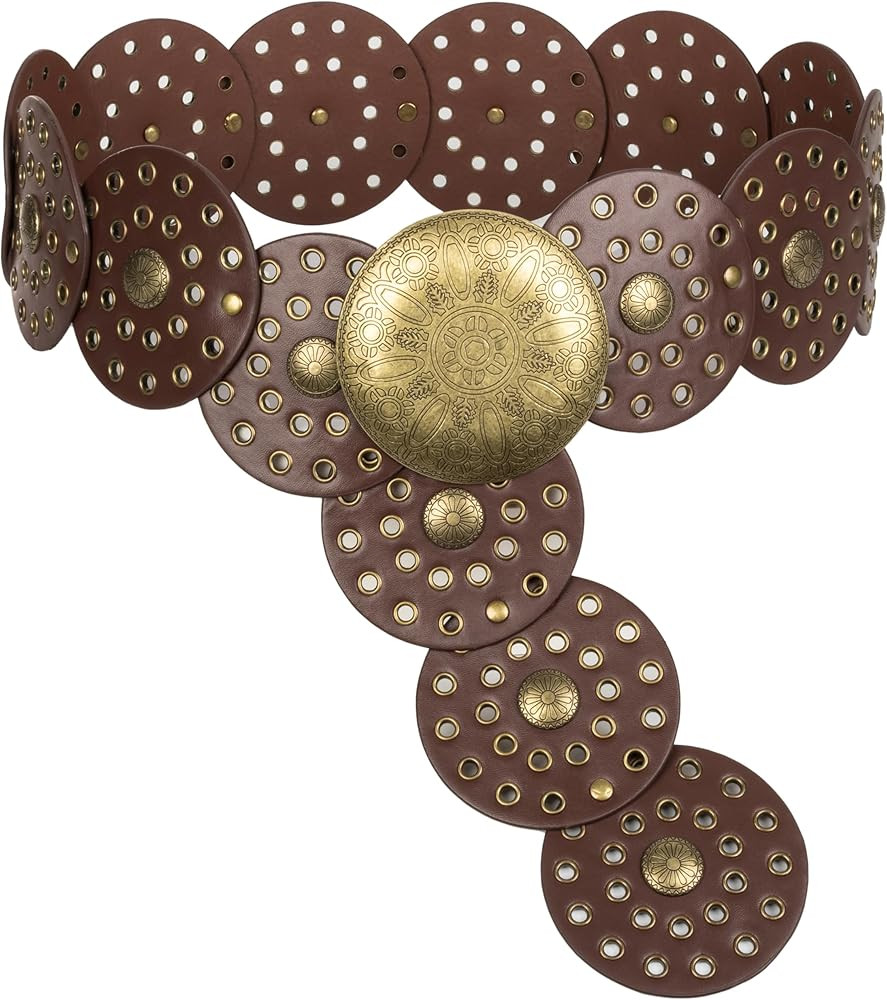 Womens Wide Western Cowboy Disc Belt Boho Disk Concho Country Waist Belts for Dress | Amazon (US)