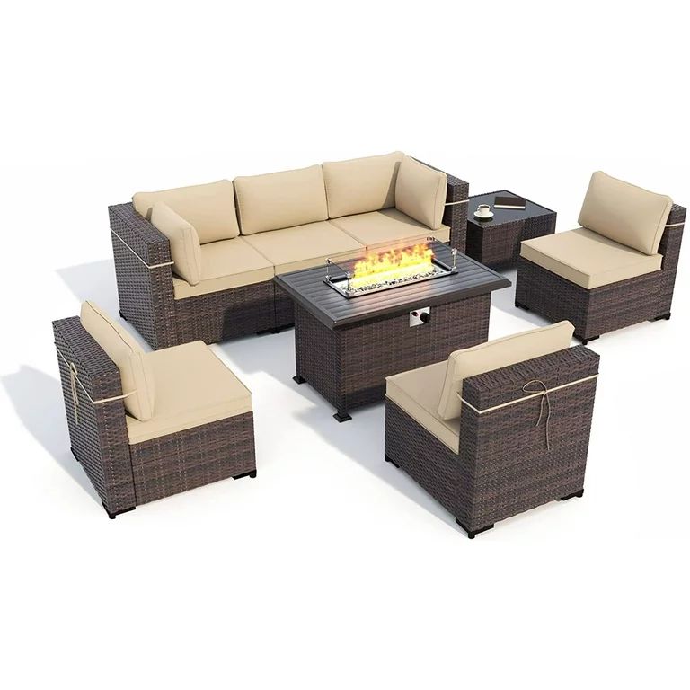 Gotland Outdoor Patio Furniture Set 8 Pieces Rattan Wicker Sectional Sofa with 43.3" Gas Fire Pit... | Walmart (US)