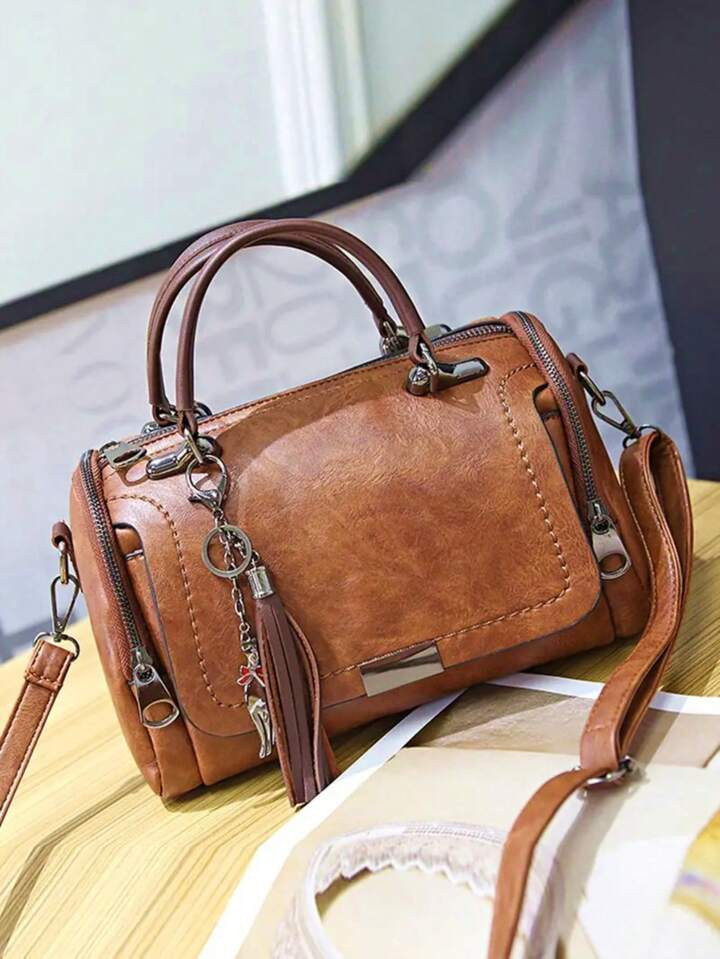 Tassel Decor Handbag, Women's Medium Shoulder Bag, Fashion Zipper Crossbody Bag | SHEIN