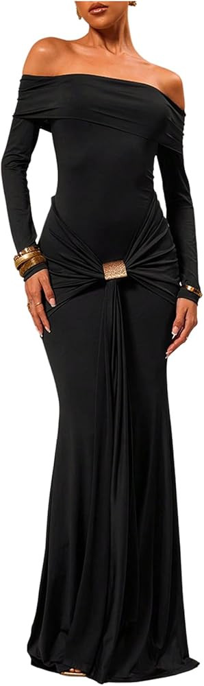 GORGLITTER Women's Off The Shoulder Cocktail Bodycon Maxi Dress Long Sleeve Ruched Metal Pencil F... | Amazon (US)