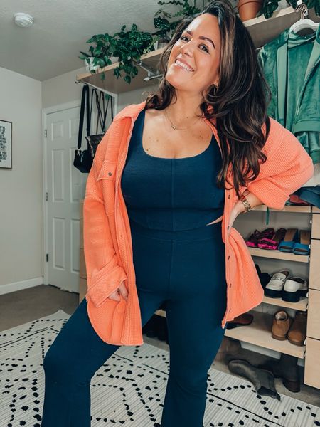 Aerie try on- spring Cozy midsize outfit inspo - size 14 style - curvy girl loungewear 
Corset bra top xl 
Flare leggings / yoga pants xl they have booty pockets love them!!! Xl 
I got this comfy waffle knit shacket in 2 colors large 

#LTKcurves #LTKstyletip #LTKFind