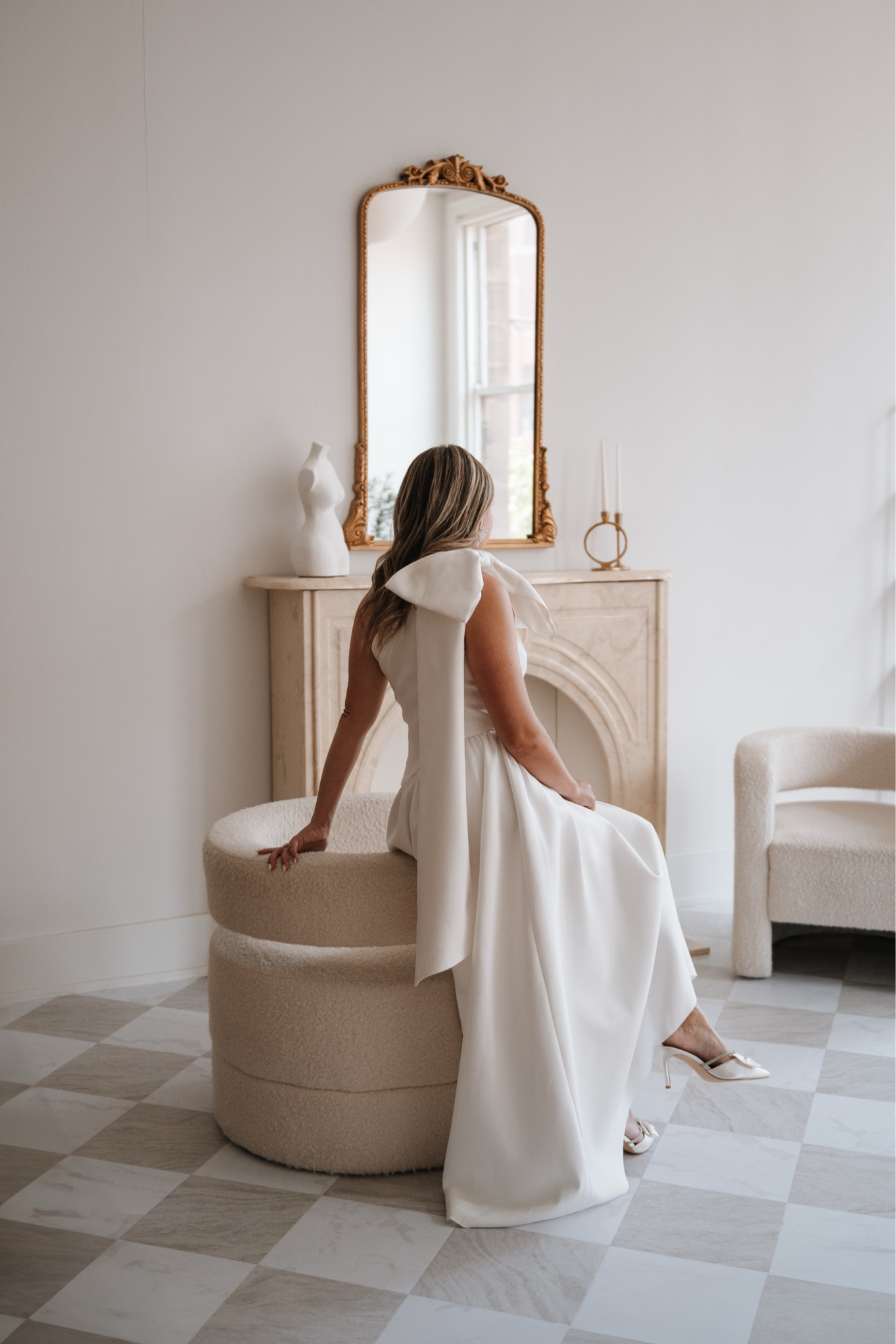 White bow shoulder wedding dress for bridal shower. Rhinestone bow mules from Amazon. Both TTS!

#LTKSeasonal #LTKWedding #LTKParties