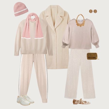  Team faux fur coat worn casually with cosy joggers, knit, pink beanie hat and scarf and trainers or dressed up with cream sequin trousers, satin blouse. Velvet shoes, gold bag and statement jewellery 

#LTKeurope #LTKover40 #LTKstyletip