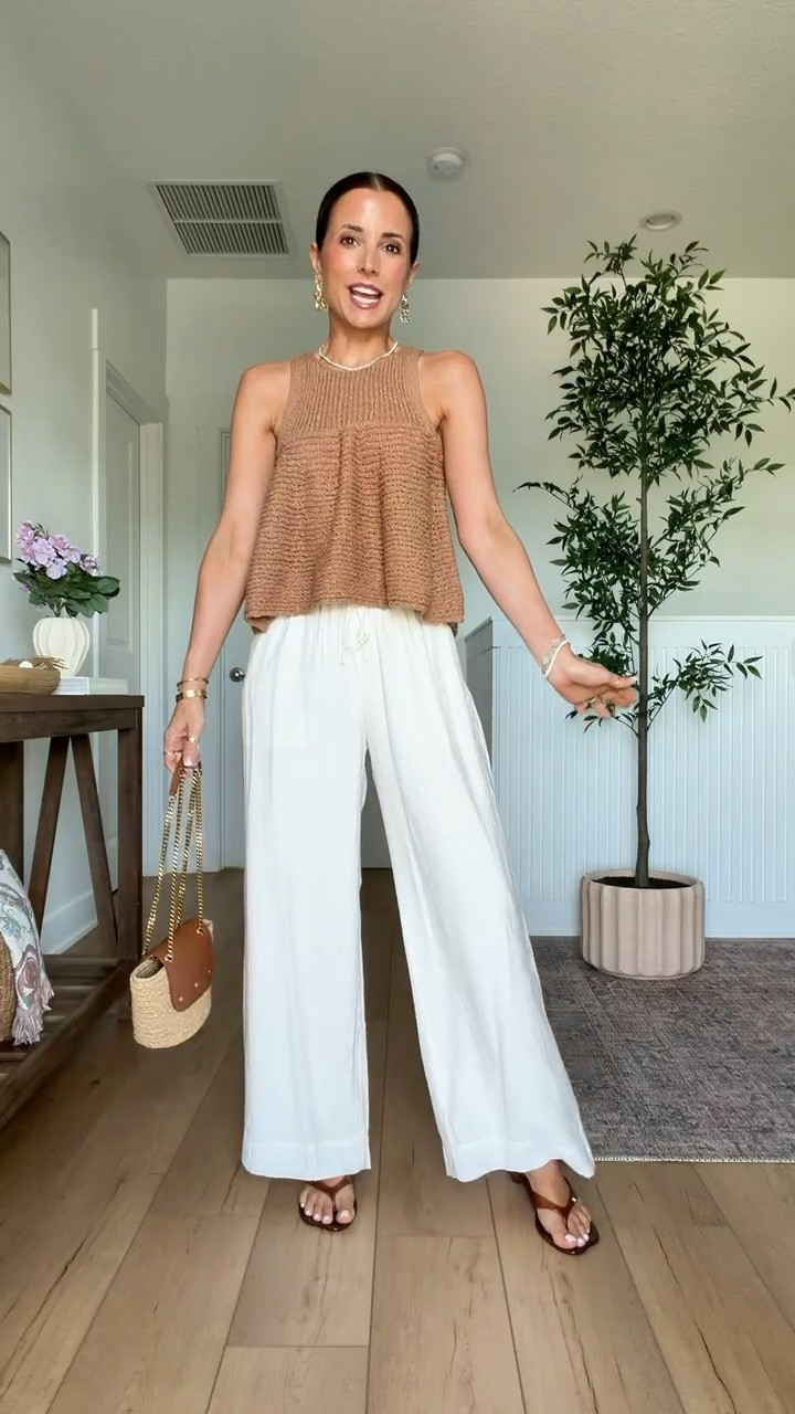 My dinner outfit. Summer outfit. Elevated casual outfit. Resort outfit. Resort wear. Vacation outfit. Europe outfit. New wide leg crinkle pants from Abercrombie in XXS short. Anthropologie sweater tank in XXS. Amazon jelly sandals are TTS. YSL raffia bag.

#LTKootd #LTKPetite #LTKTravel