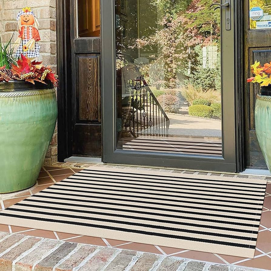 KOZYFLY Black and Beige Striped Porch Rug 27.5x43 Inches Area Rug Washable Outdoor Doormat Front ... | Amazon (US)