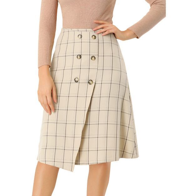 Allegra K Women's Plaid Vintage Faux Wrap Buttons Midi High Waist Skirt | Target