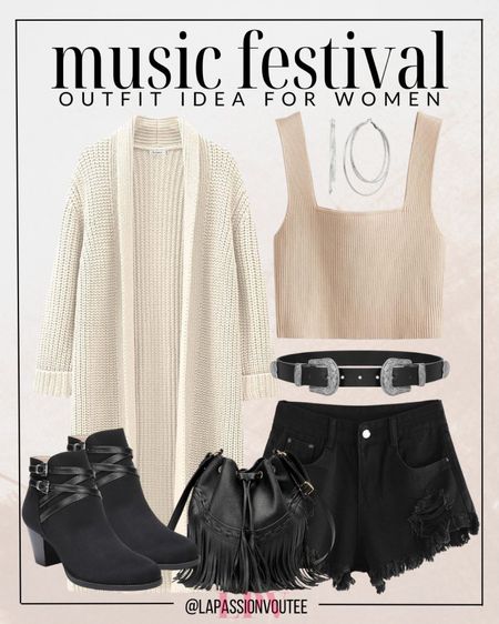 Channel your inner boho-chic vibe with this festival-ready look: layer a cozy long cardigan over a trendy crop tank top and black distressed denim shorts. Complete the outfit with statement hoop earrings, a stylish leather cowgirl belt, a sleek leather bucket bag, and finish off with edgy ankle boots. Let the music play on! 🎵

#LTKstyletip #LTKFestival #LTKfindsunder100