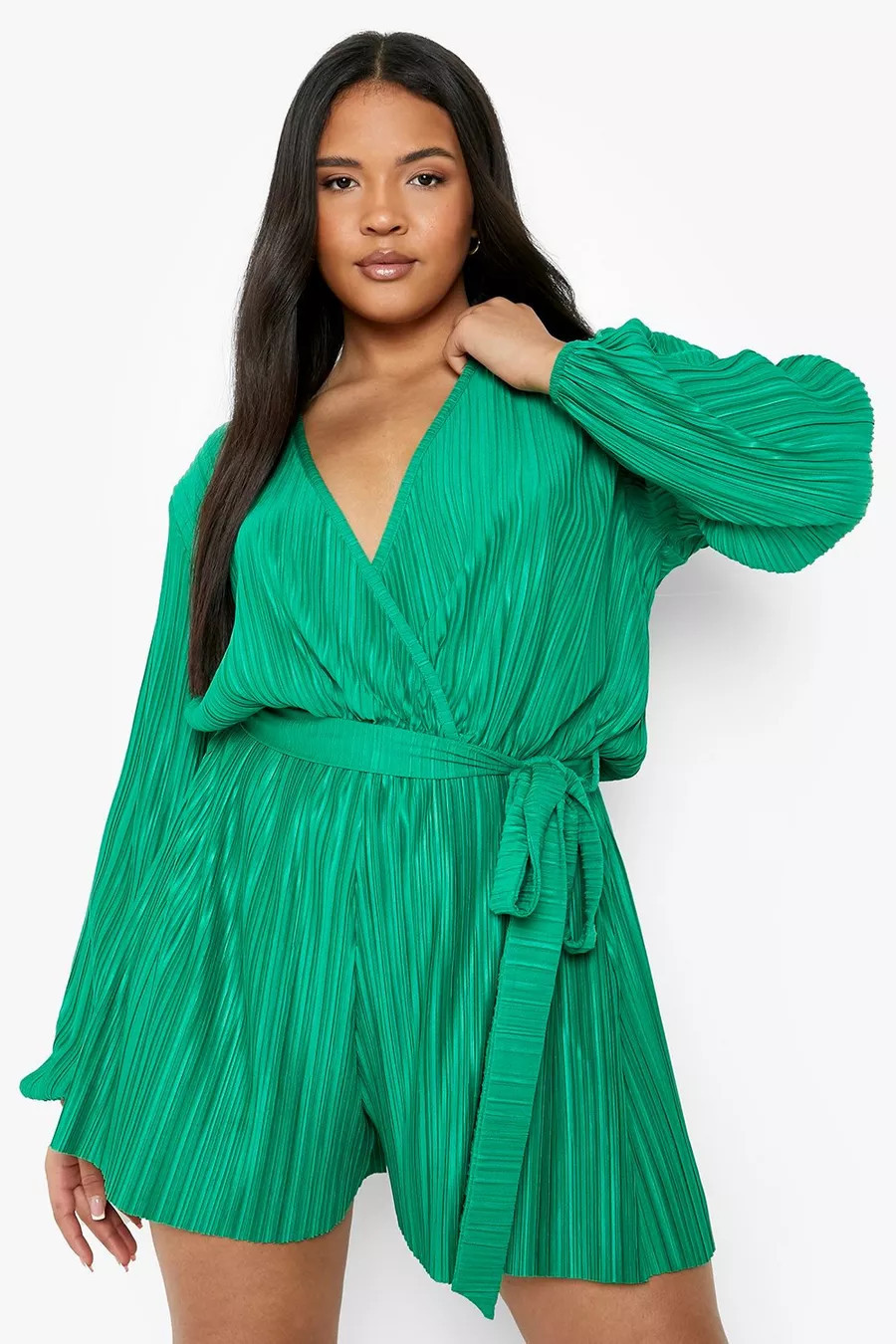 Plus Plisse Wrap Belted Romper | Boohoo.com (US & CA)