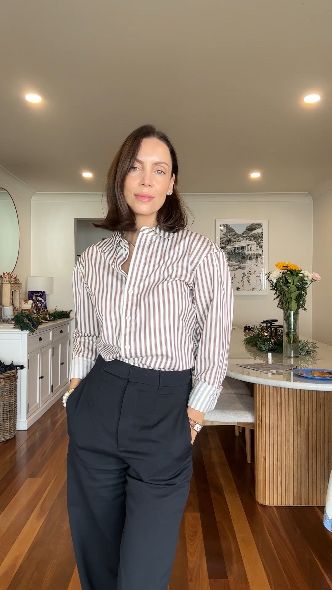 Stripe shirt and black pants for an office outfit 

#LTKmodest #LTKaustralia #LTKworkwear