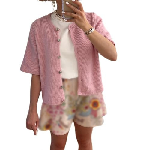 Women's Lightweight Cardigan Short Sleeve Button-Down Summer Cardigan Sweater (Pink, S) | Amazon (US)