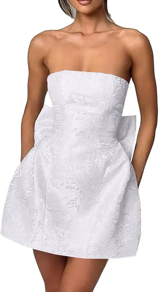 Satin Strapless Homecoming Dress with Bow Short Embroidery Mini Prom Dress Cocktail Party Gowns | Amazon (US)