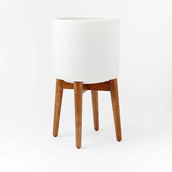 Mid-Century Turned Wood Leg Planter, Ceramic, Tall, 14""D x 23.6""H, White | West Elm (US)