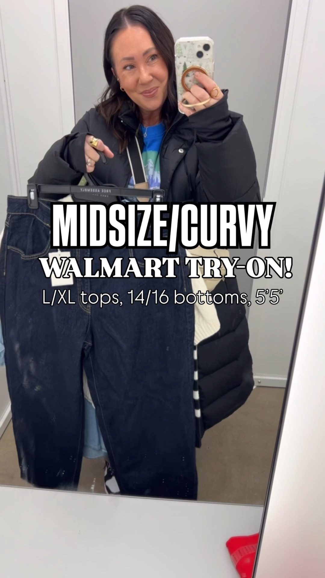 Another @walmart try on! XL puffer coat. 2X blue sweatshirt. Size 16 regular jeans. 

XL colorblock cardigan. Could also do a large. Large denim top. XL short sleeve cable knit sweater. Size 16 barrel leg jeans. XL red and pink sweater. XXL green sweater. @nike sneakers run true to size.  

#LTKOver40 #LTKFindsUnder50 #LTKMidsize