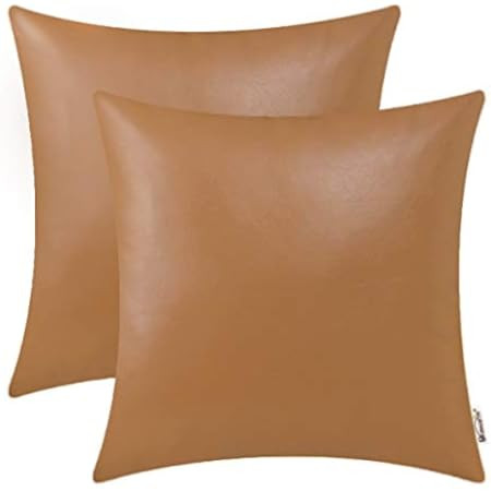 BRAWARM Pack of 2 Tan Leather Throw Pillows 20 X 20 Inches, Tan Faux Leather Decorative Throw Pillow | Amazon (US)
