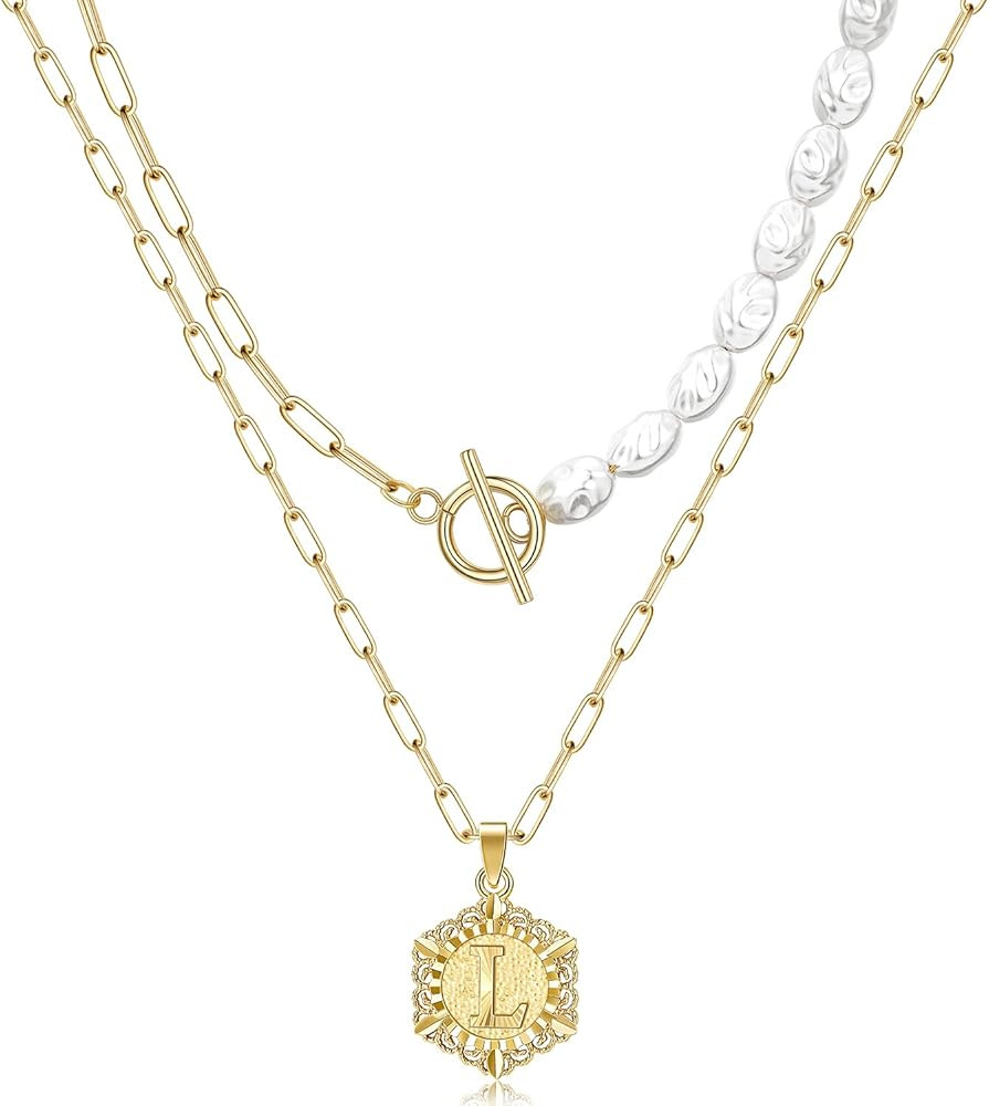 Amazon.com: KELORIS PATH Gold Layered Initial Pearl Necklace, 14K Gold Plated Layering Hexagon Le... | Amazon (US)