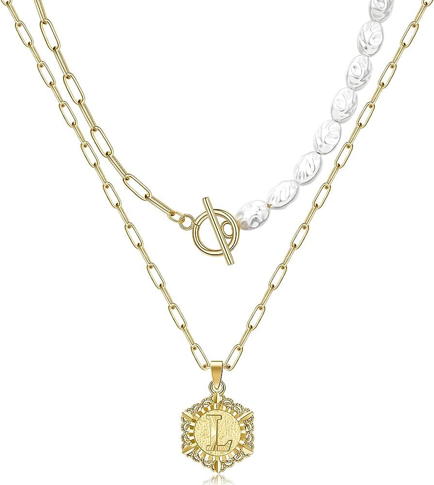 Amazon.com: KELORIS PATH Gold Layered Initial Pearl Necklace, 14K Gold Plated Layering Hexagon Le... | Amazon (US)