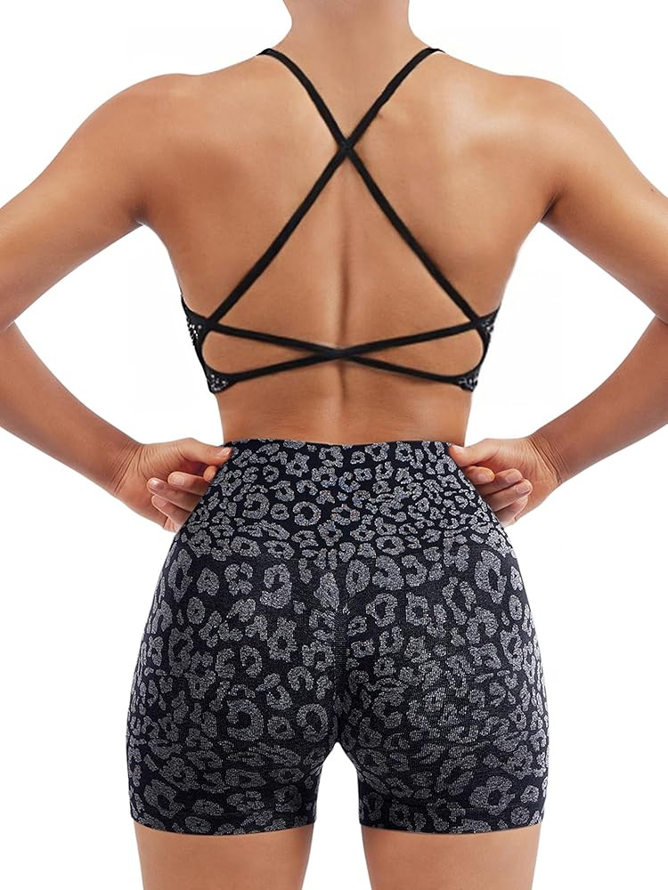 SUUKSESS Women Seamless Workout Sets Strappy Sports Bra High Waist Booty Shorts Outfits | Amazon (US)