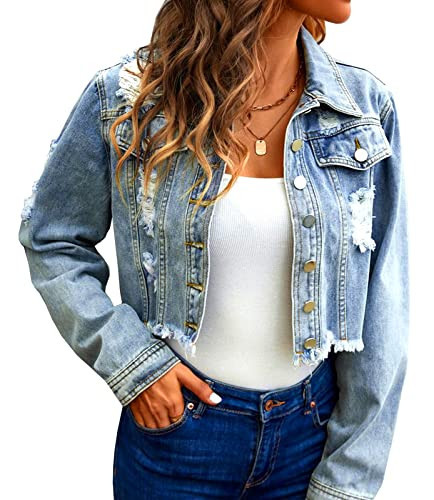 Ladyful Women's Distressed Jean Jacket Frayed Raw Hem Ripped Crop Denim Jacket Coat | Amazon (US)