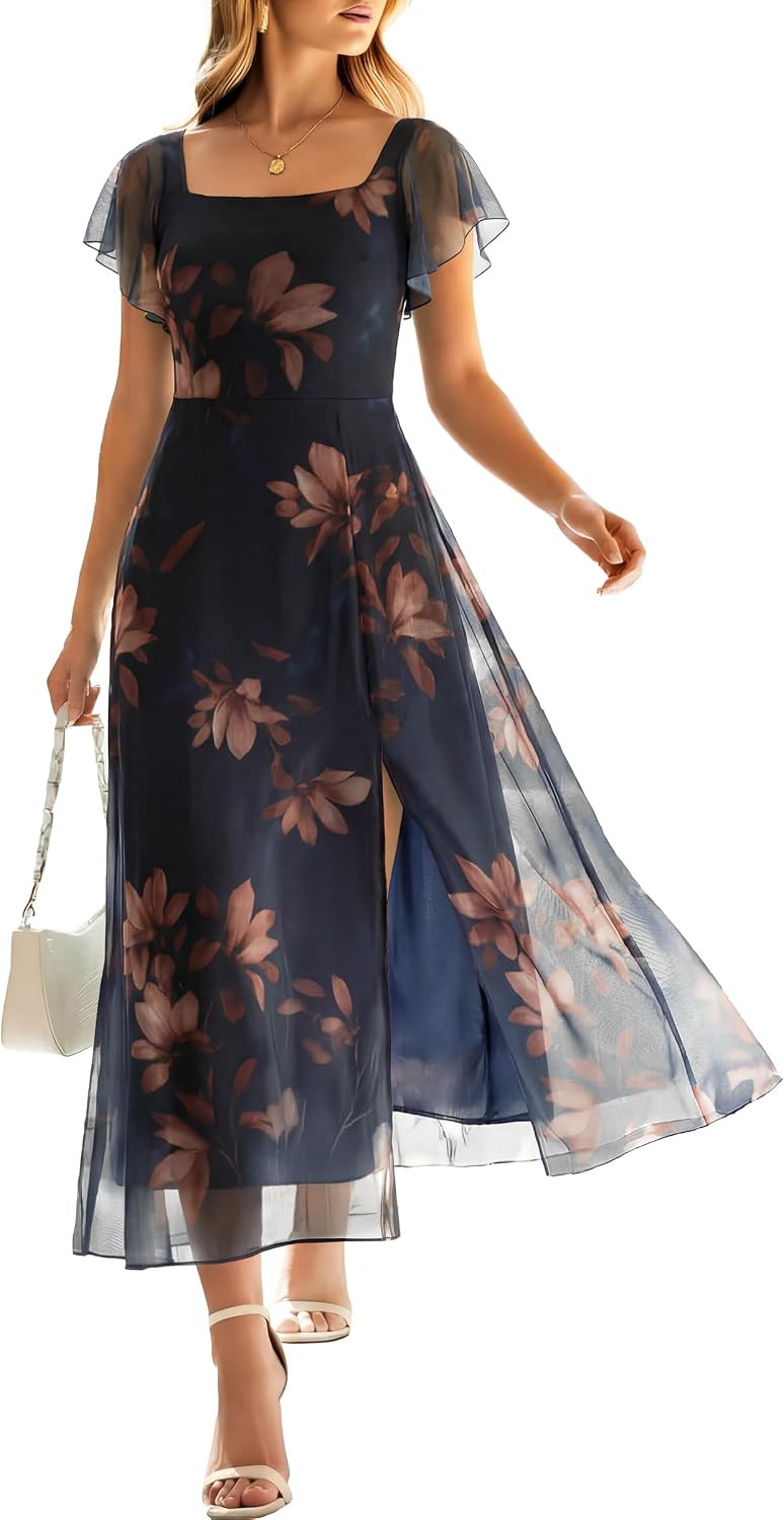 Caracilia Women Square Neck Floral Tulle Wedding Guest Bridemaid Dresses Summer Ruffle Sleeve High Slit Formal Midi Dress | Amazon (US)