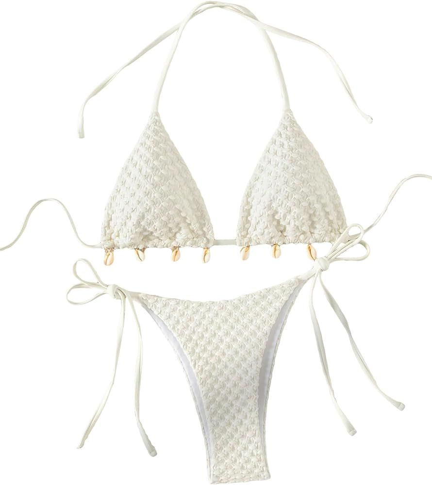 GORGLITTER Women's 2 Pieces String Bikini Triangle Halter High Cut Thong Bikini Set Bathing Suit | Amazon (US)