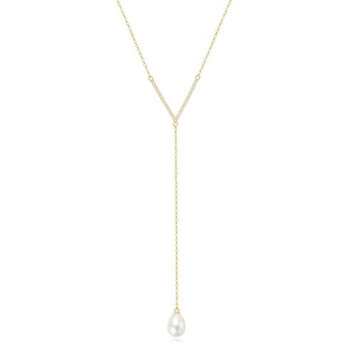Y Necklace for Women Pearl Drop Necklaces with Freshwater Pearls, Sterling Silver Dainty Pearl Jewelry Elegant Simple Necklaces Wedding Gift | Amazon (US)