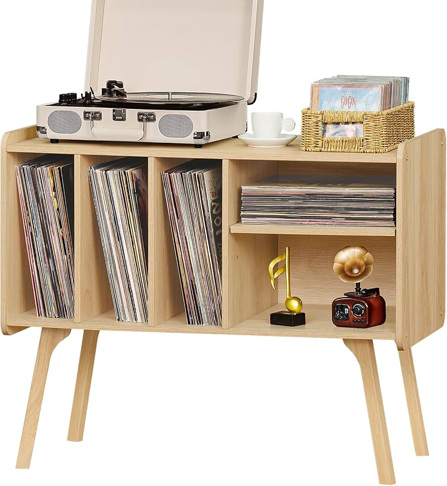 Lerliuo Record Player Stand with 4 Cabinet Holds Up to 220 Albums, Large Turntable Stand with Bee... | Amazon (US)