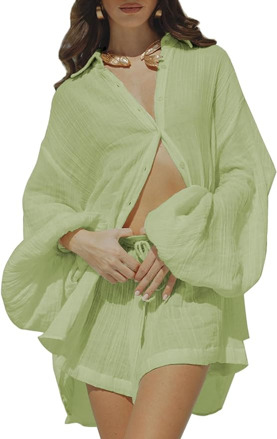 Fixmatti Women 2 Piece Outfits Summer Shorts Sets Lantern Sleeve Button Down Shirt and Shorts Swe... | Amazon (US)