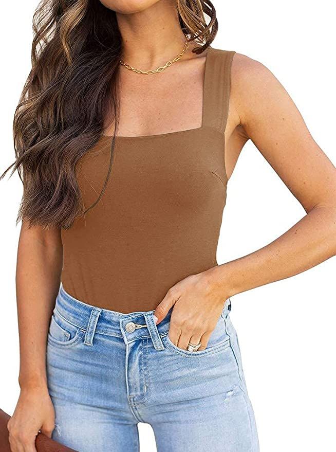 REORIA Womens Sexy Square Neck Sleeveless Tank Tops Bodysuits Clubwear | Amazon (US)