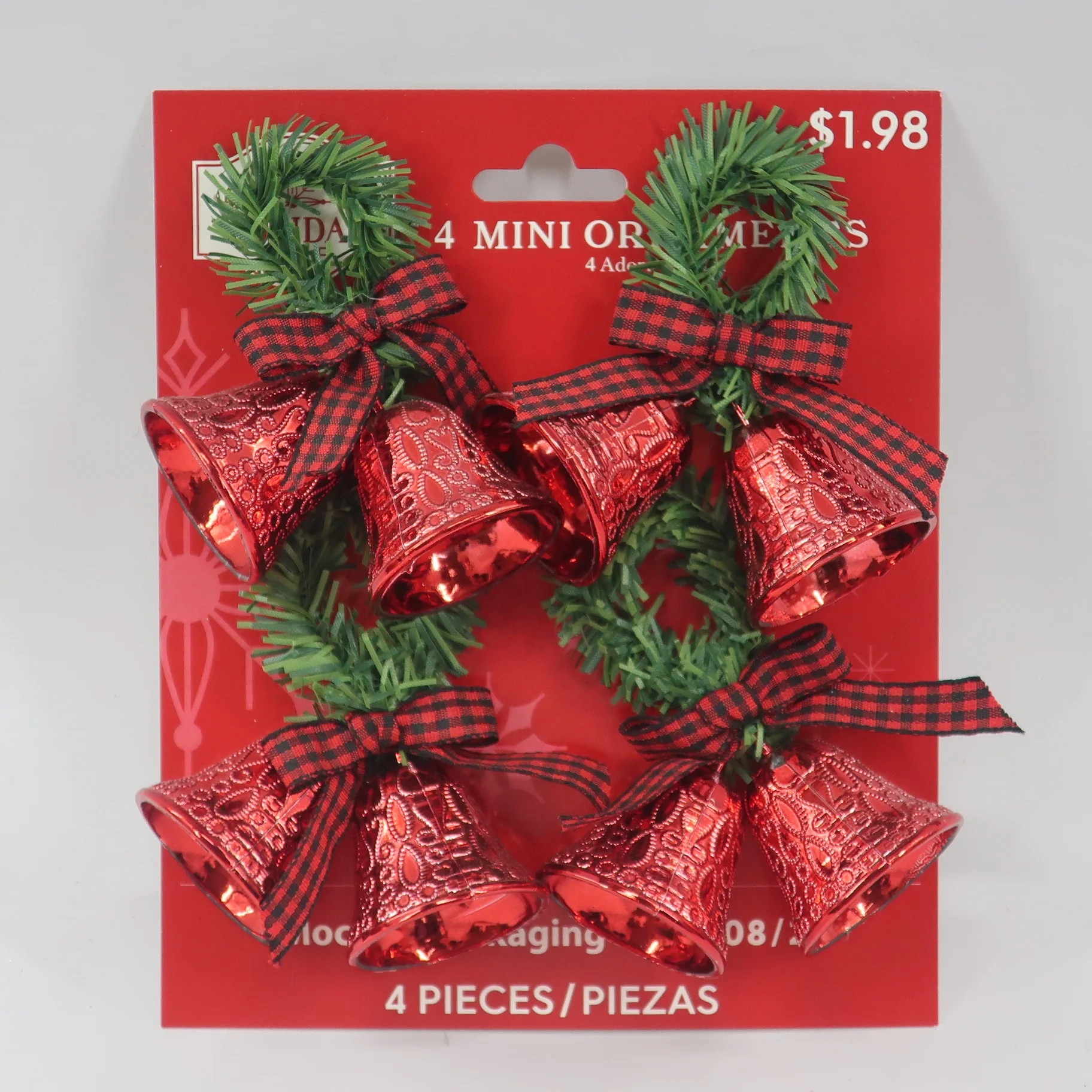 Holiday Time Shiny Red Double Bell with Buffalo Ribbon Bow Christmas Mini Ornaments, 4 Count | Walmart (US)