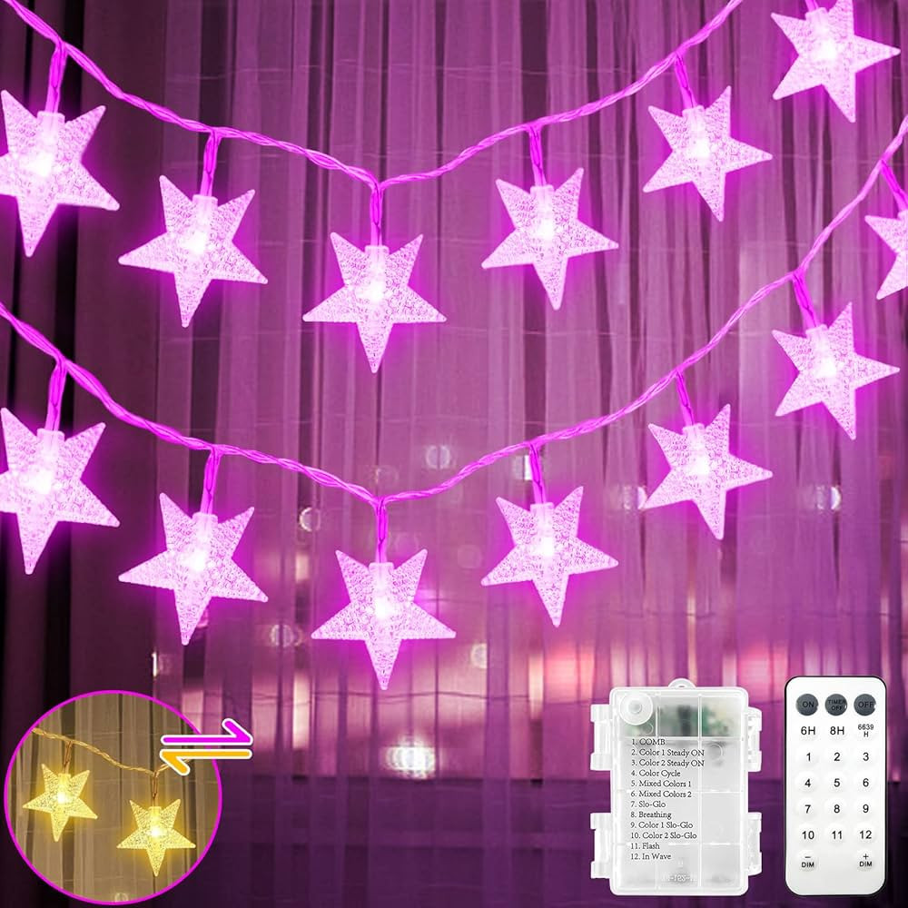 echosari Star String Lights Battery Operated, 50 LED Pink Star Lights 16.4 Ft Color Changing with... | Amazon (US)