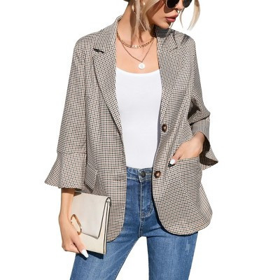 Womens Casual Blazer 3/4 Sleeve Open Front Plaid Longline Blazer,Brwon Plaid - S | Target
