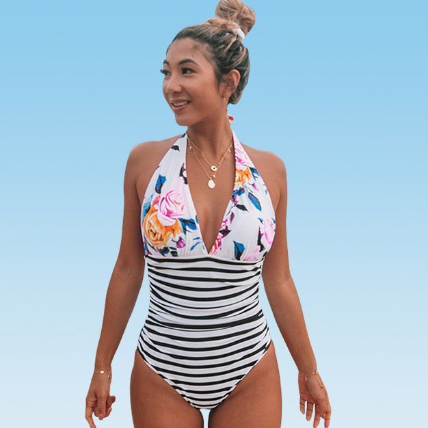 Women's Bold Floral and Stripe Halter One Piece Swimsuit - Cupshe | Target