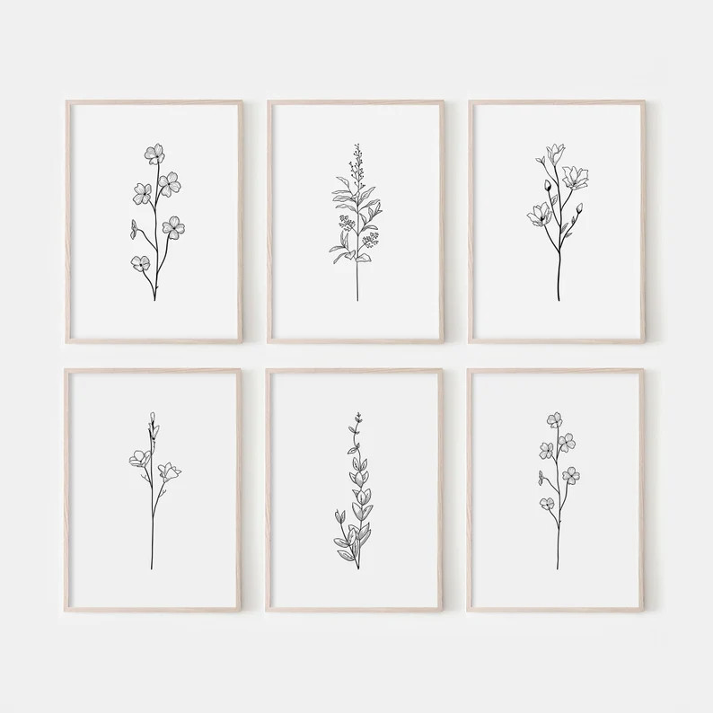 Flower Line Art. Set of 6 Prints. Floral Line Art. Flower Prints. Botanical Wall Art. Living Room... | Etsy (US)