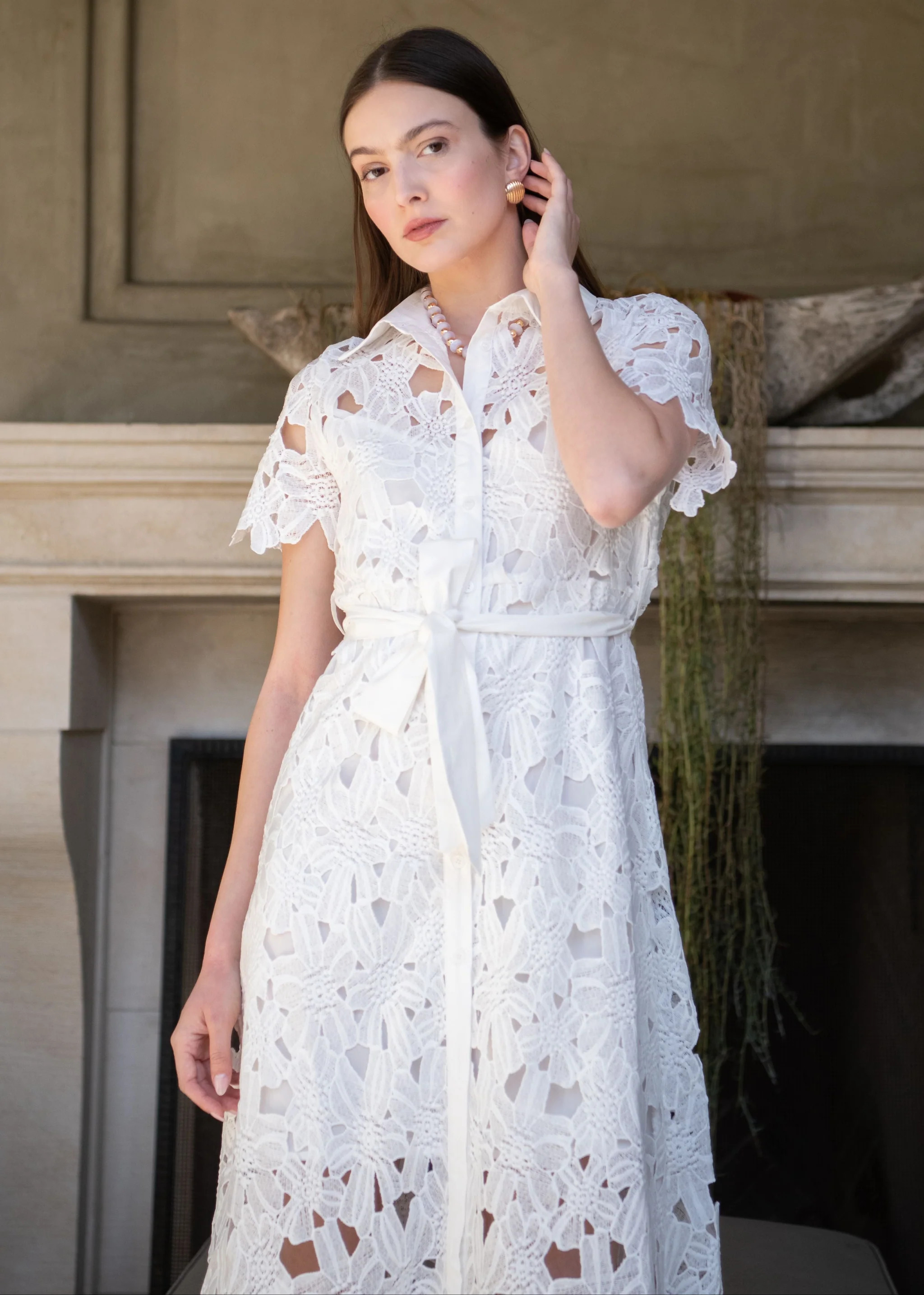 Ida Lace Tie Waist Collared Midi Dress - Off White | Benaar La