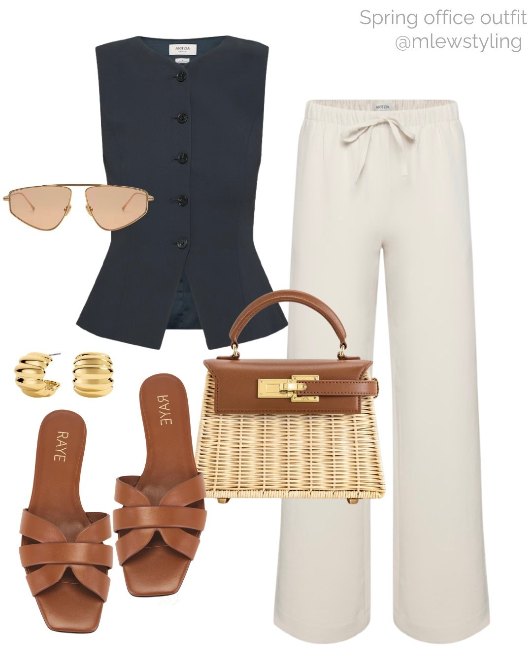 Spring office outfit with a navy blue vest and drawstring pants ✨

Tags: summer work outfit, aritzia lodge pants, tailored waistcoat, raye brown leather sandals, JW PEI raffia bag, gold earrings, aviator sunglasses, casual workwear, aritzia regal vest  

#LTKgrwm #LTKootd #LTKWorkwear