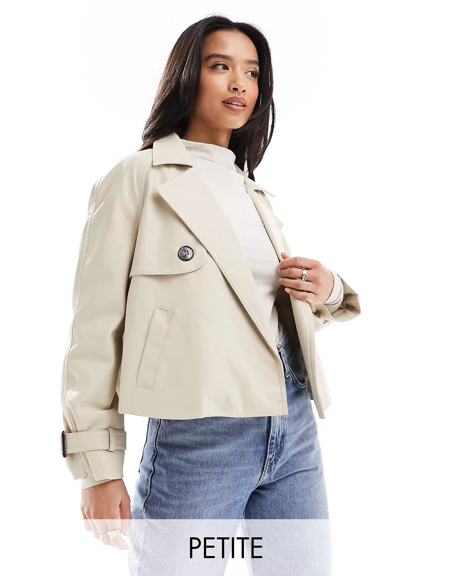River Island Petite Petite faux leather crop trench coat in cream | ASOS (Global)