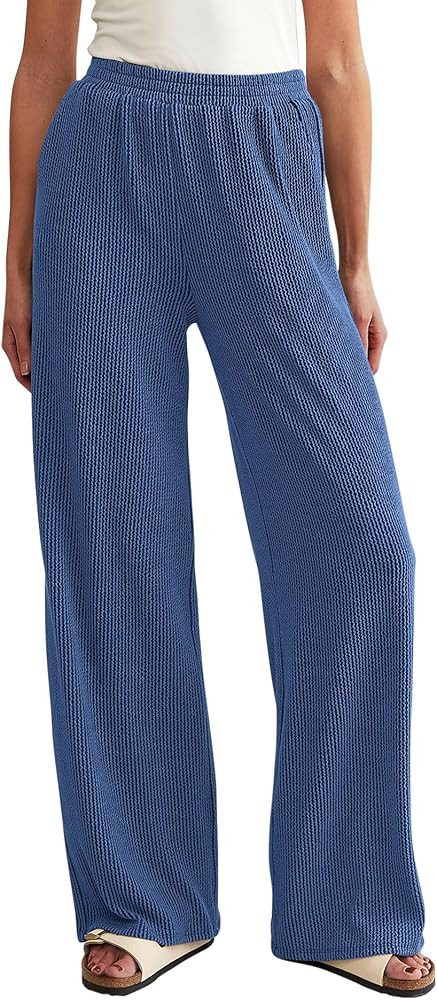WICIWI Women's Casual Wide Leg Pants Fall Winter Elastic Waist Loose Rib Knit Lounge Palazzo Trou... | Amazon (US)